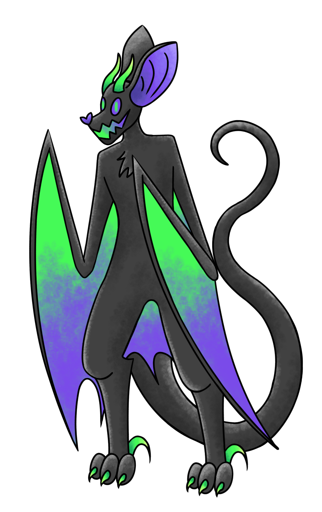 A dark grey dragonbat fursona, with green and purple wings. It's smiling at you!